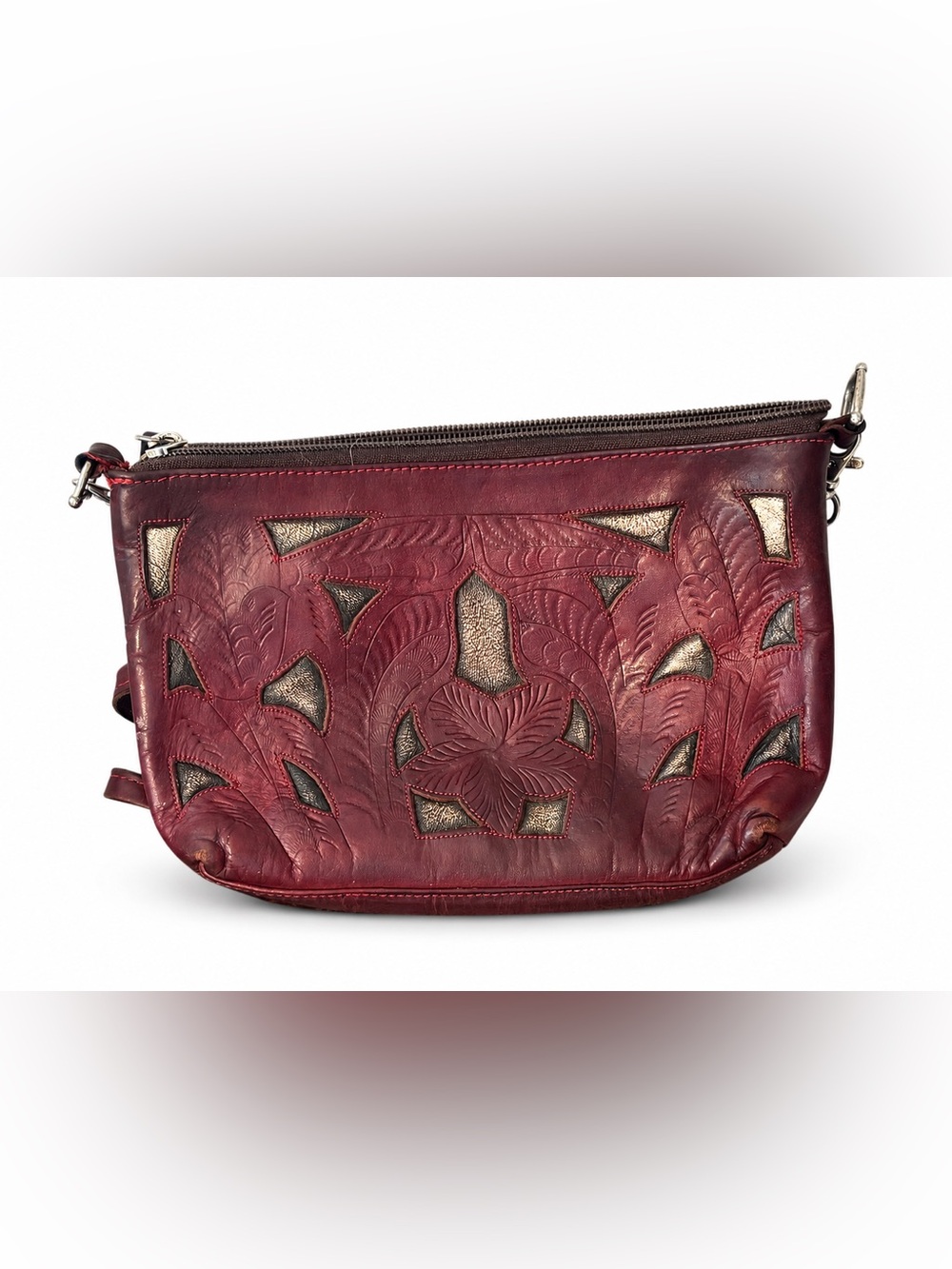 Leaders in Leather Burgundy Embossed Floral Crossbody Bag Metallic Accent
